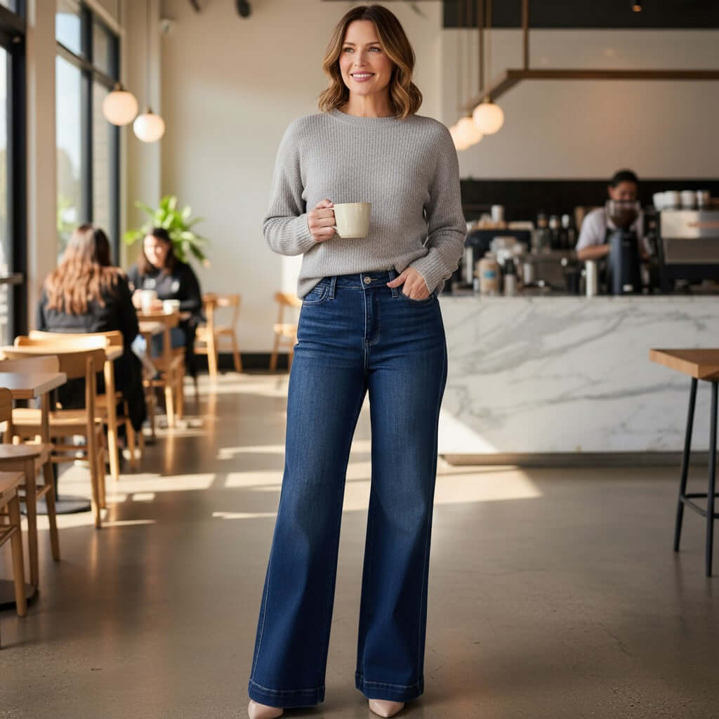 Model wearing JUDY BLUE RAINA JEANS in a cafe, showcasing high rise, dark wash, and retro wide leg style.