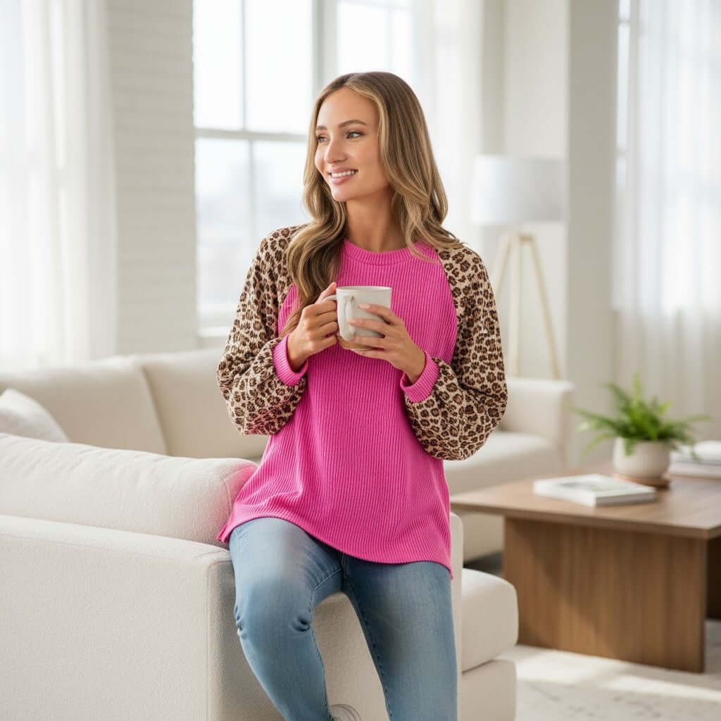 Model wearing WILD CRUSH TOP - Lovely Melody, a hot pink ribbed top with leopard print sleeves, sipping coffee.
