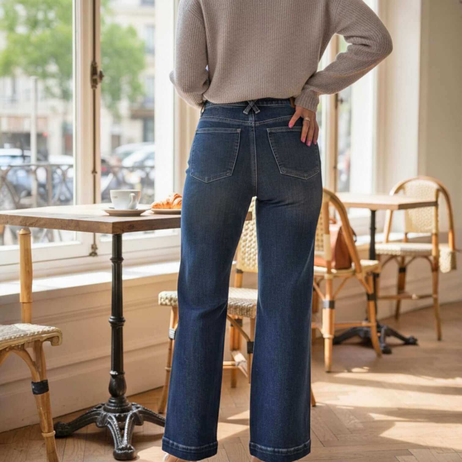 JUDY BLUE RAINA JEANS High Rise Dark Wash Retro Wide Leg Style from the back in a stylish café setting.