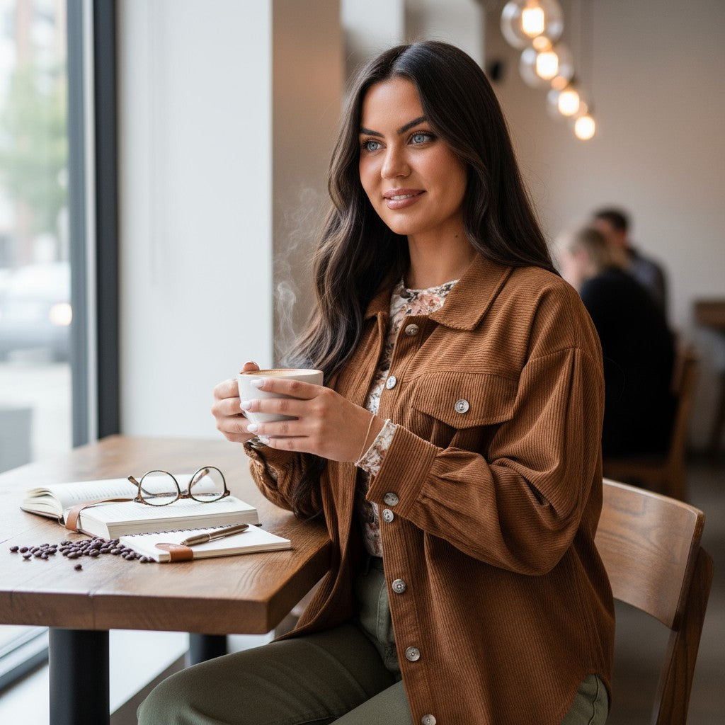 Woman in CINNAMON RIDGE JACKET holding a cup in a café, showcasing the cozy style of corduroy fabric.