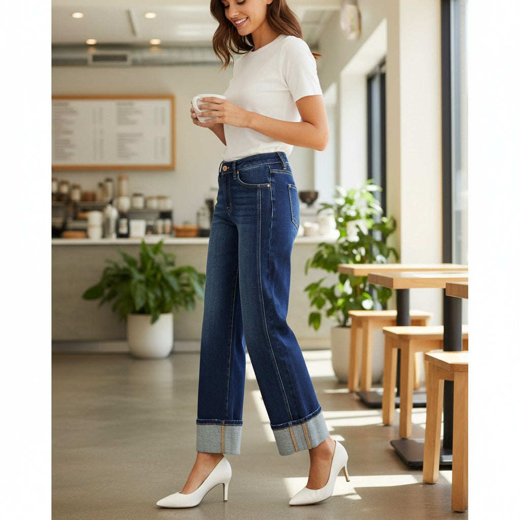 Model wearing CHARLEIGH JEANS by Risen in a cafe, showcasing dark wash cuffed wide leg silhouette.