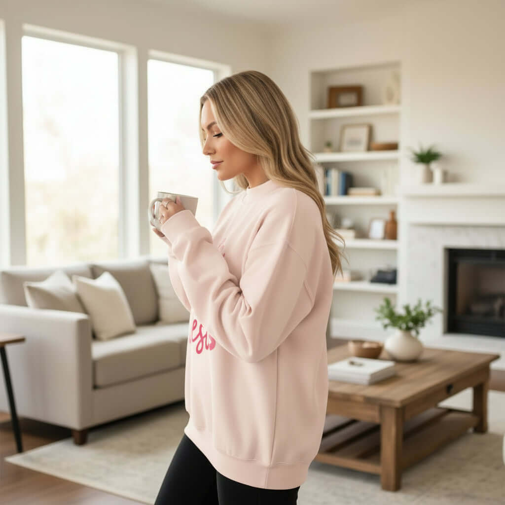 Woman in a cozy space wearing a LOVE LIKE JESUS PULLOVER, holding a mug, showcasing the light-pink sweatshirt.