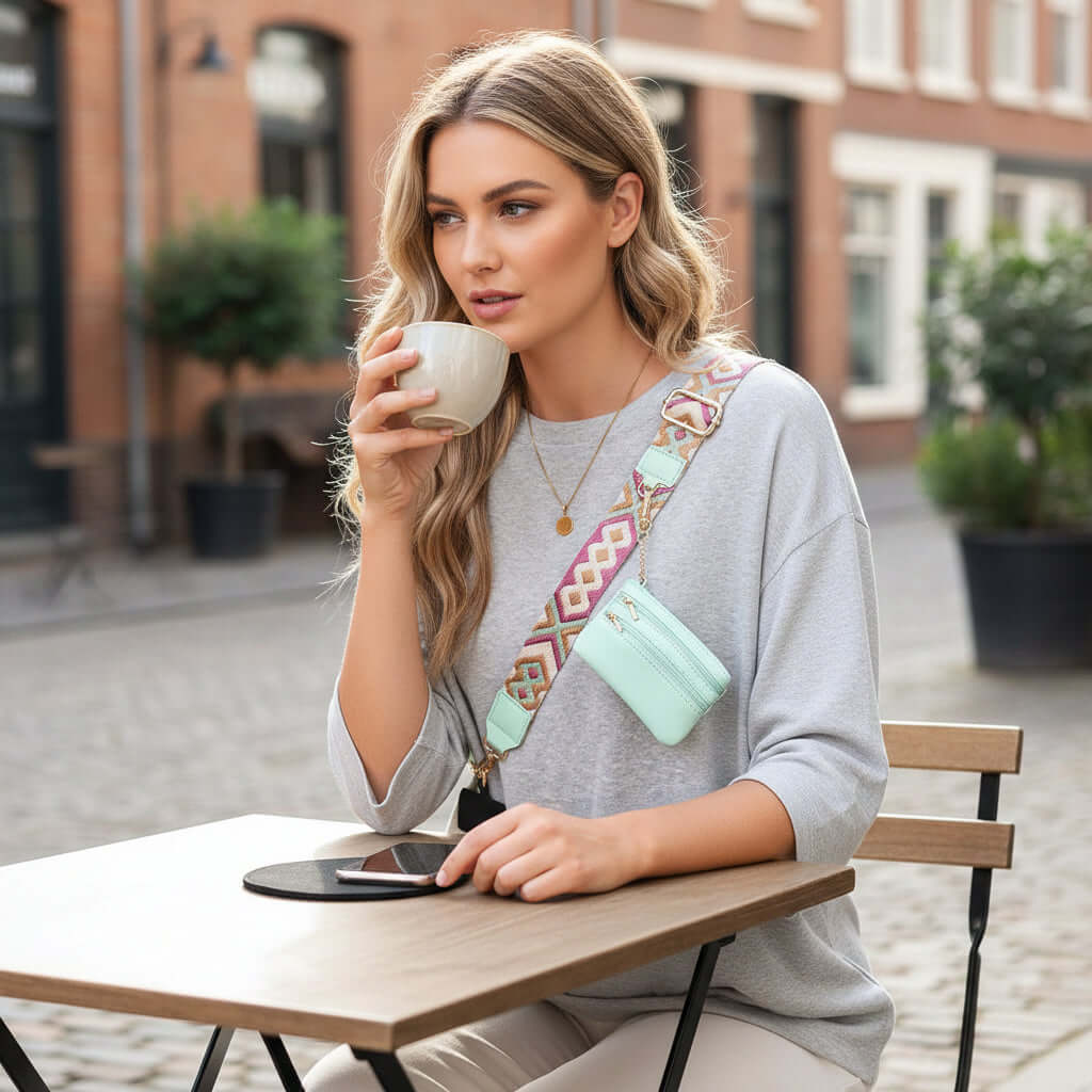A woman enjoying coffee while wearing the HANDS FREE HARMONY CROSSBODY mint green bag with geometric strap.
