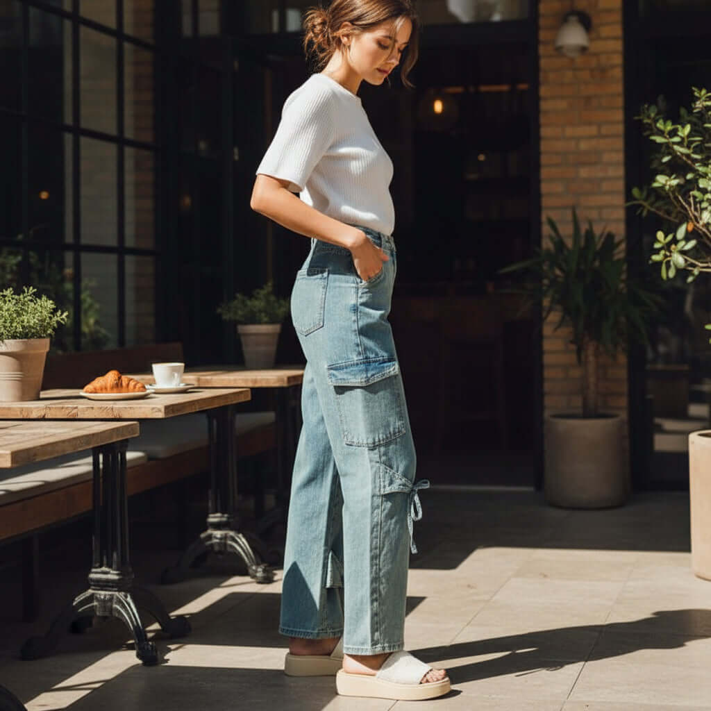 Woman wearing RIBBON ROUTE JEANS - BiBi with bow tie details, standing in a bright cafe setting.