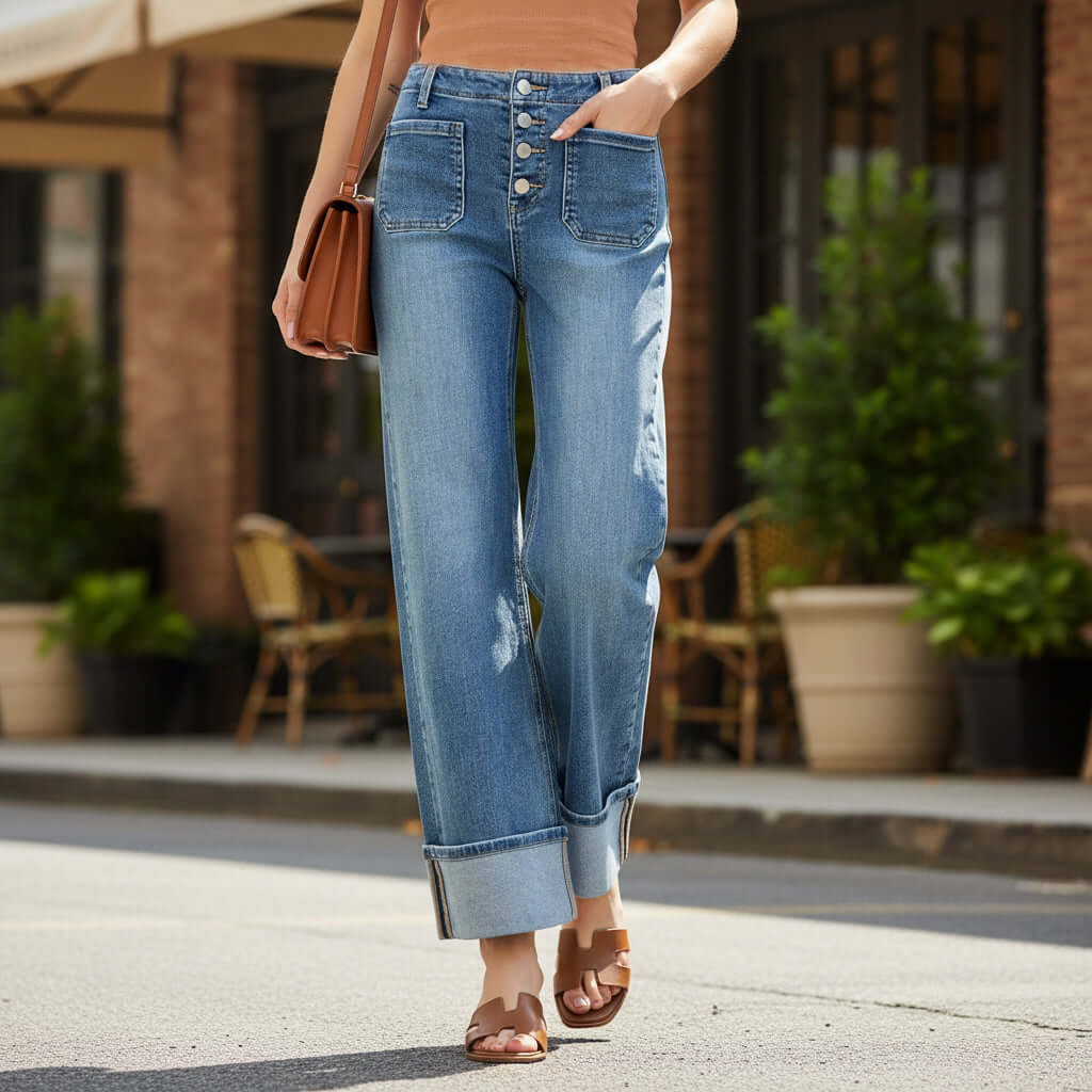 Woman wearing RISEN - KORIE BUTTON FLY JEANS(md wash) with front patch pockets and cuffed hem.