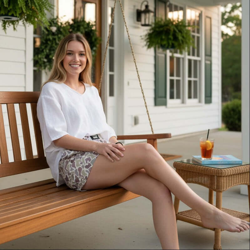 Woman wearing LULU MAC ACTIVE SHORTS- Camo sitting on porch with drink, enjoying summer comfort and style.