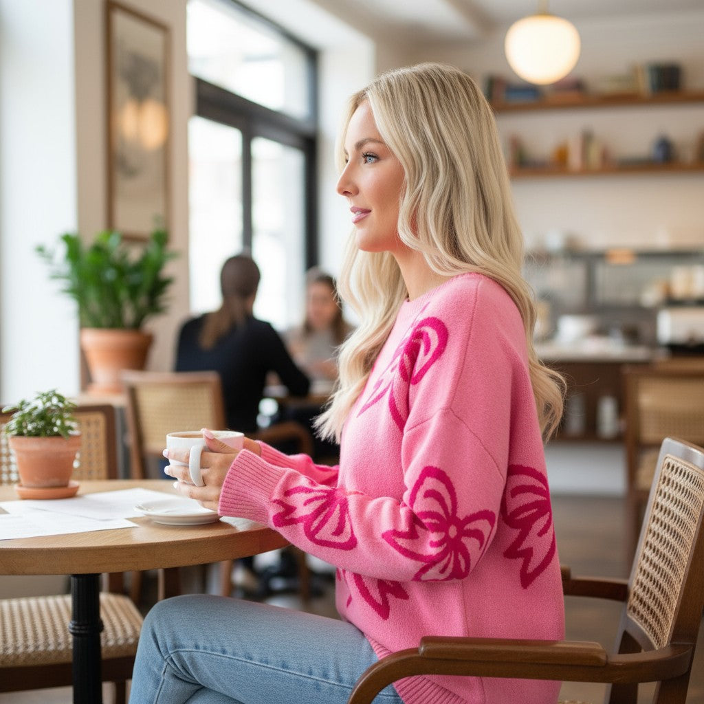 Woman wearing RIBBON ROMANCE SWEATER with pink bow pattern, sitting at a cafe, enjoying coffee.