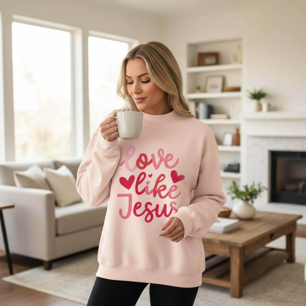 Woman wearing a light pink LOVE LIKE JESUS PULLOVER while sipping coffee in a cozy living room.
