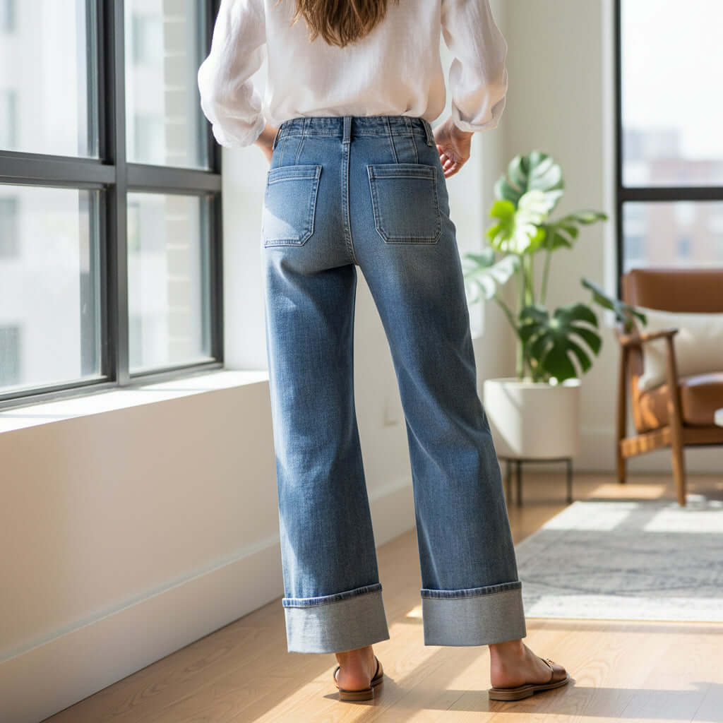 Back view of Risen - Korie Button Fly Jeans(md wash) showcasing wide-leg design and cuffed hem.