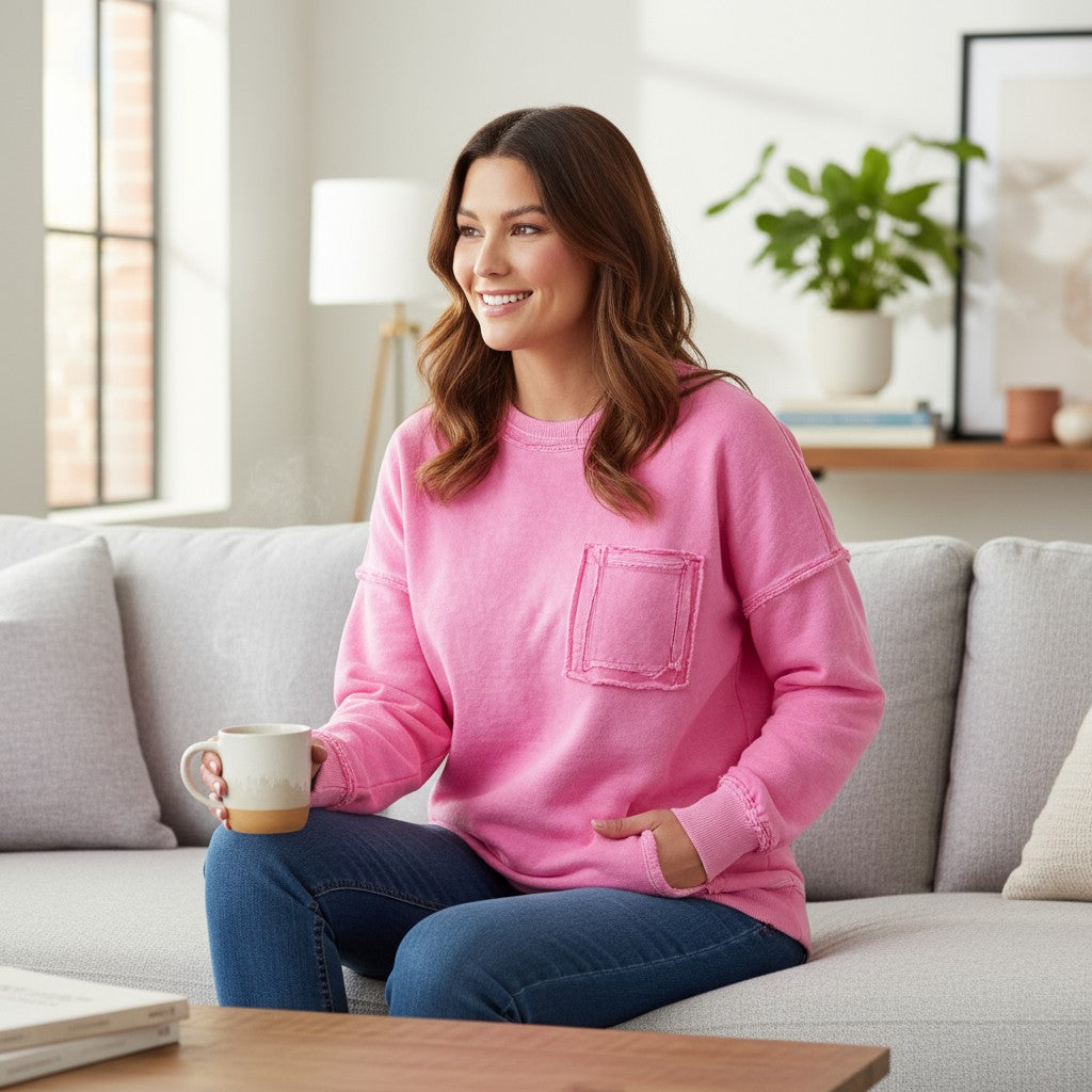 CLOUD NINE CREW pullover in pink, featuring exposed seams and a raw edge pocket for relaxed comfort and everyday style.