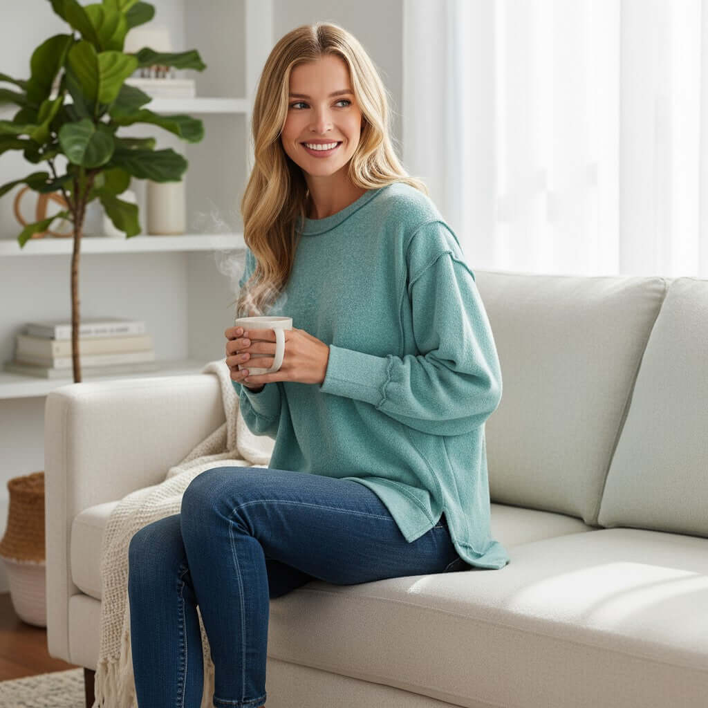 SOFT INTENTIONS Pullover by Zenana (dusty teal) worn casually while holding a coffee mug.