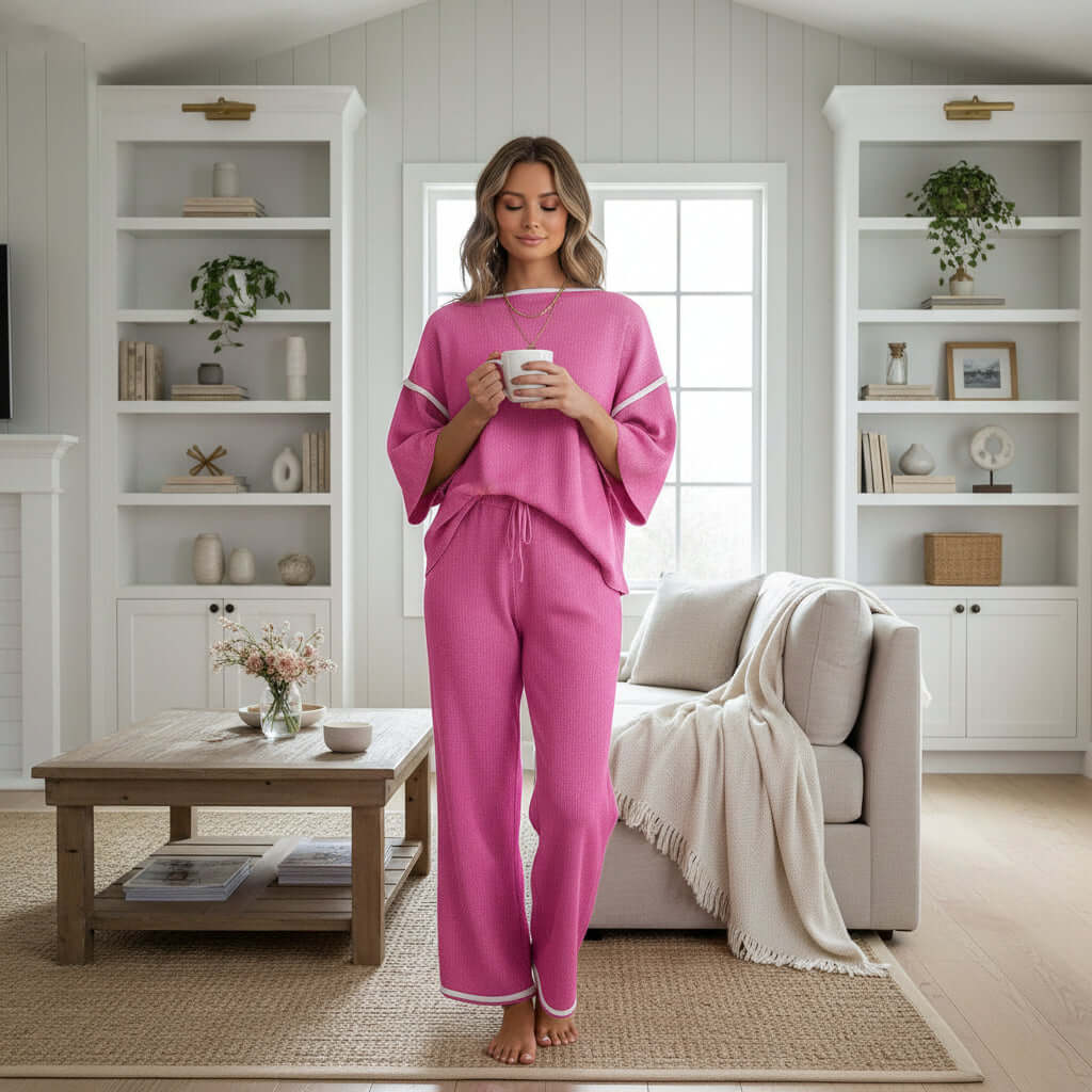 MODERN MOOD SET (pink) featuring a comfortable pink two-piece sweater suit with relaxed silhouette and chic trim.