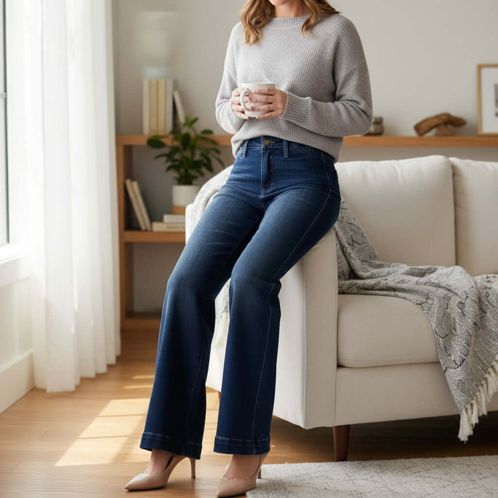 Woman wearing JUDY BLUE RAINA JEANS in dark wash, high rise fit, retro wide leg style, sitting on a couch.