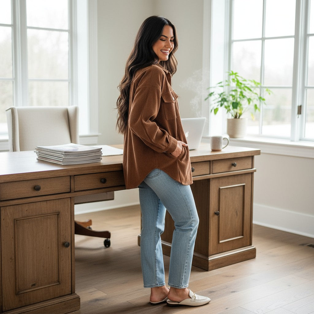 Woman wearing a CINNAMON RIDGE JACKET in corduroy, standing by a desk in a bright room with large windows.