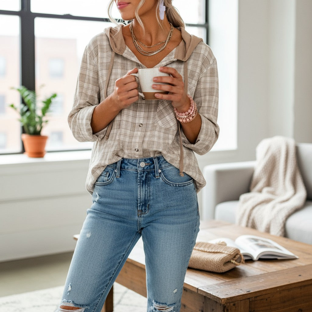 Model wearing DRIFTWOOD DAYS BUTTON DOWN in khaki checkered print, holding a coffee cup in a cozy indoor setting.