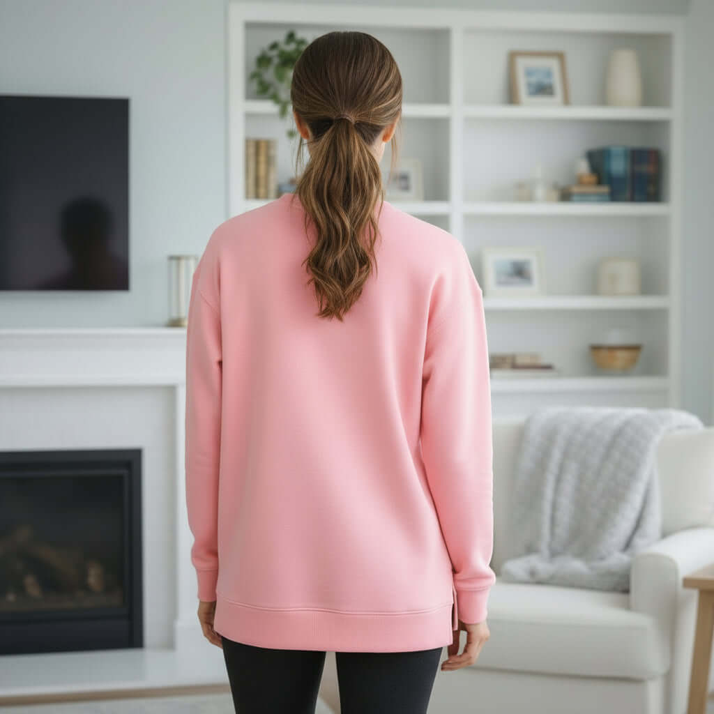 Back view of a woman wearing a pink sweatshirt in a cozy living room setting, showcasing comfortable style.