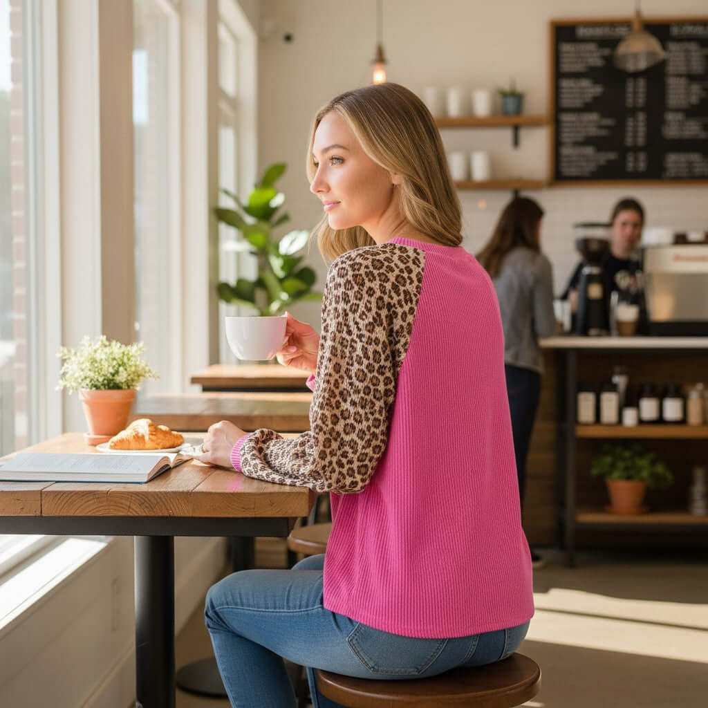 Woman enjoying coffee in WILD CRUSH TOP - Lovely Melody, featuring hot pink body and leopard print sleeves.