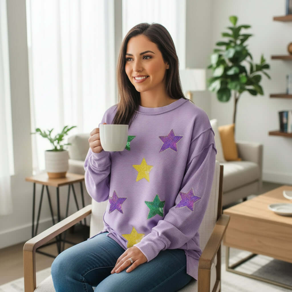MARDI GRAS STAR PULLOVER in lavender with sequined star patches worn by a woman holding a cup.