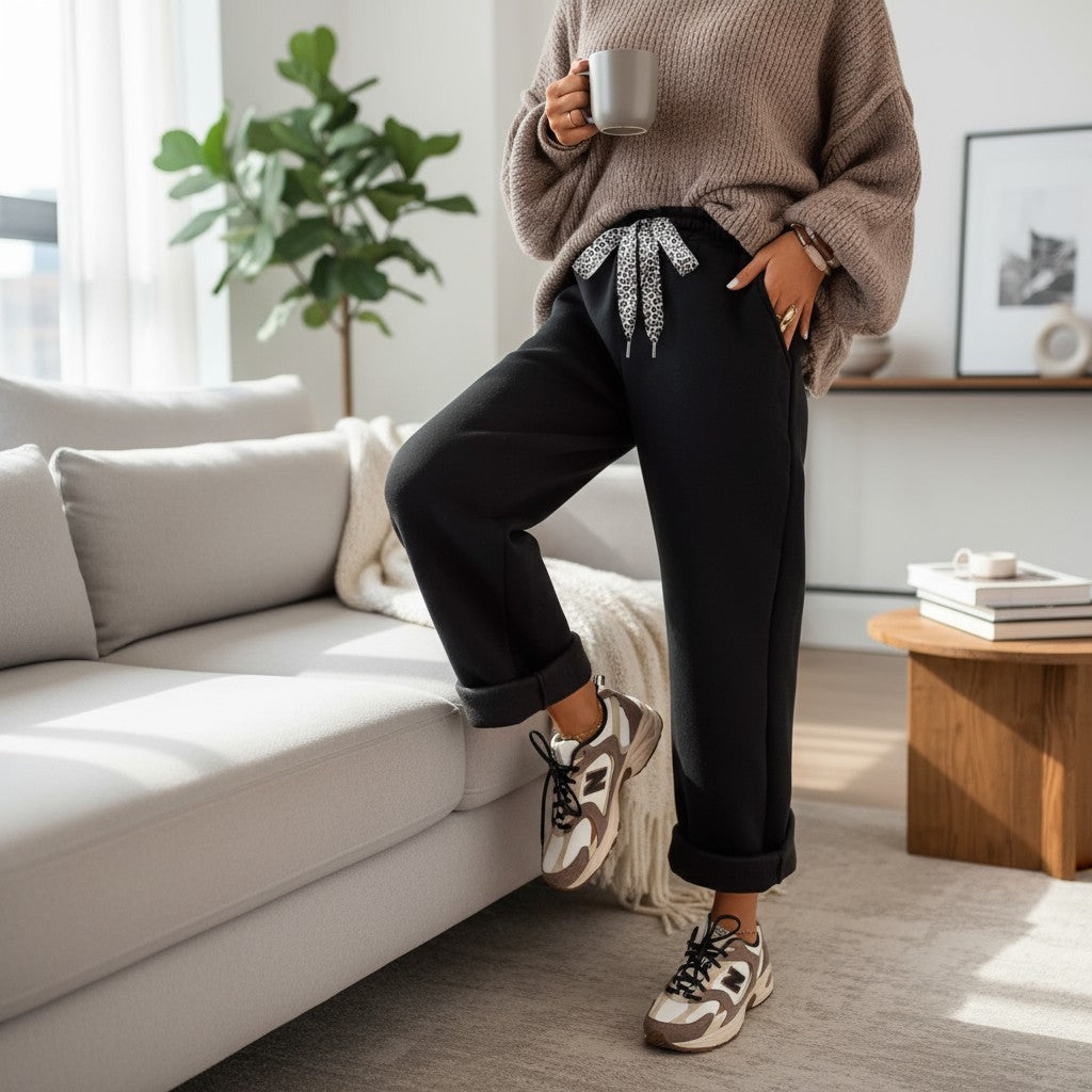 Woman in cozy sweater wearing COMFORT CULTURE PANTS (BLACK) with leopard drawstring, holding a mug.