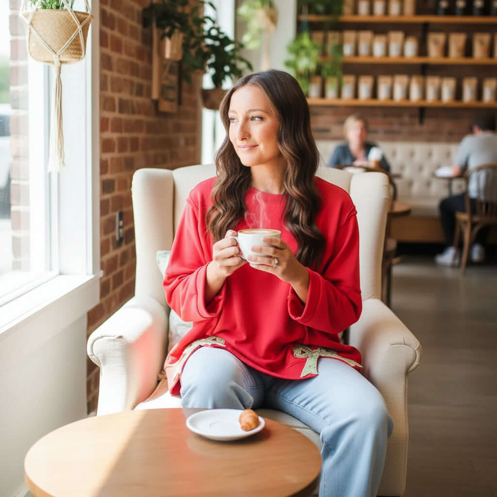 Woman wearing SWEETHEART BOW TOP (red) sitting in a cafe, holding a cup and looking out the window.