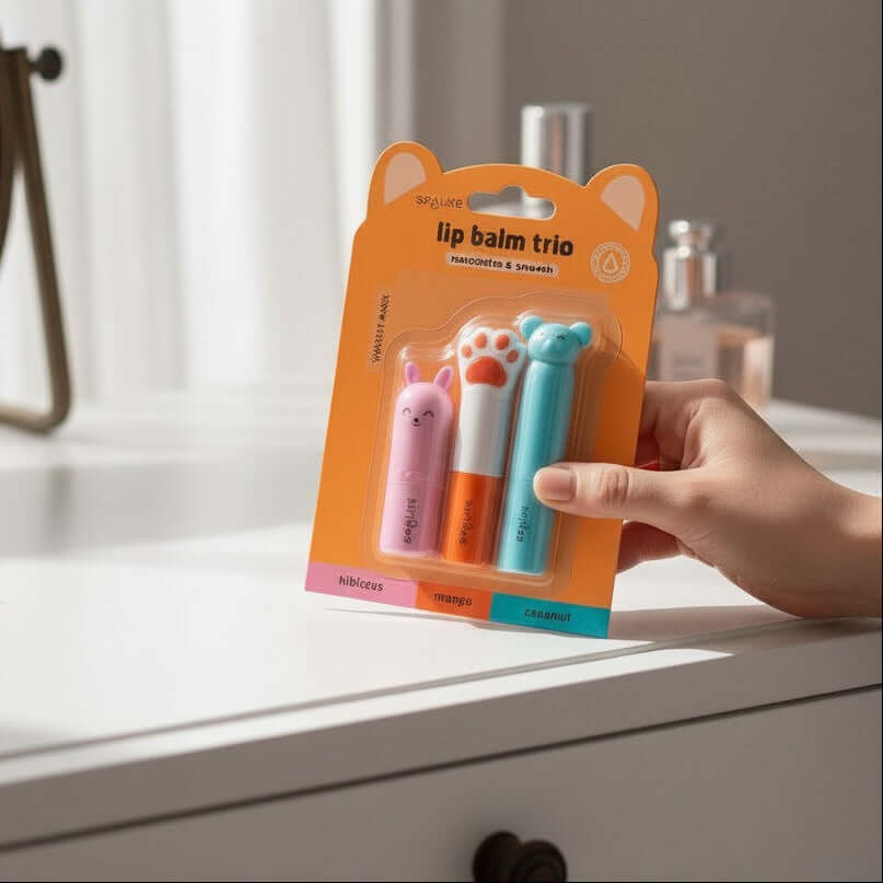 HAPPY LIPS COLLECTION 3 pack by SPALIFE includes hibiscus, mango, and coconut flavored lip balms in a fun pack.