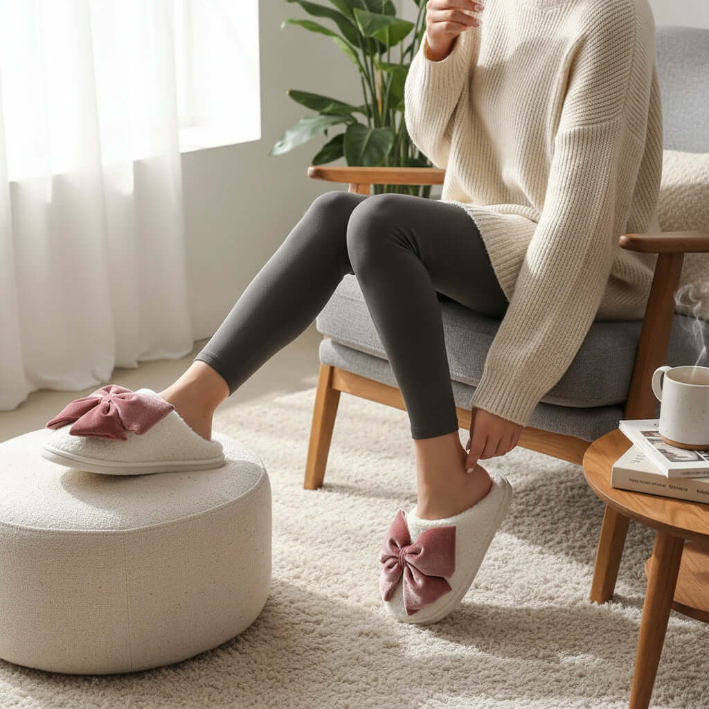 Cozy winter vibes with SWEET RETREAT BOW SLIPPERS featuring a plush sherpa design and oversized velvet ribbon bow.