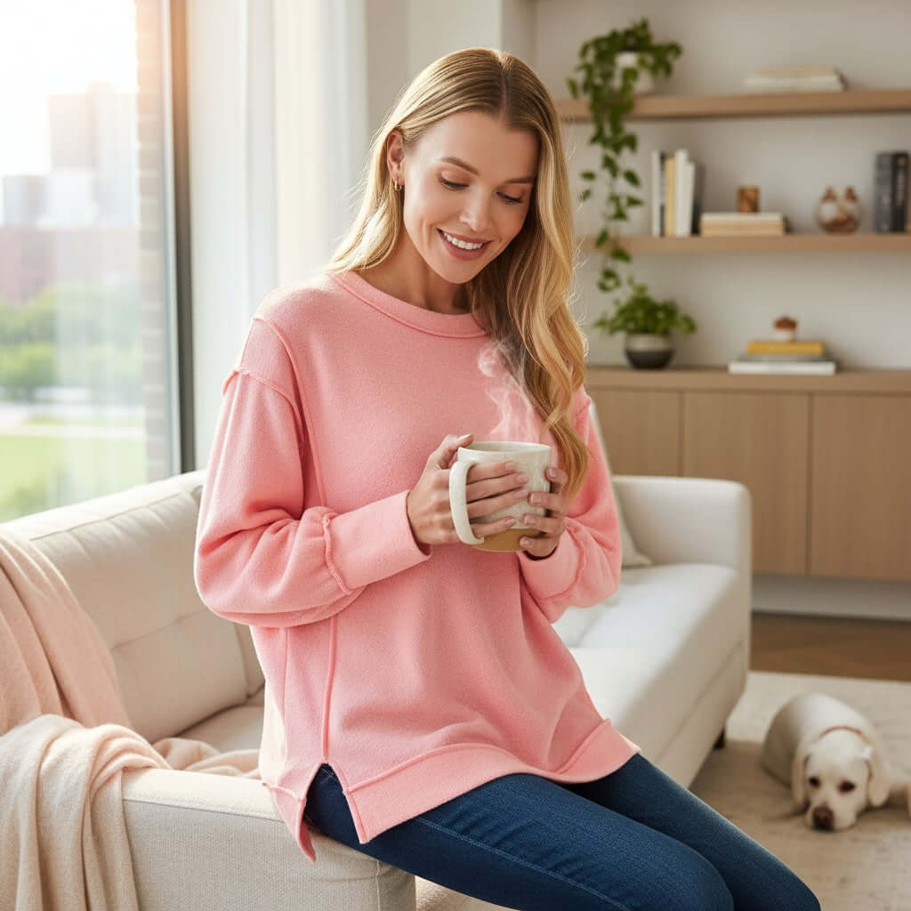 Woman in soft pink SOFT INTENTIONS Pullover by Zenana, holding a coffee mug in a cozy setting.
