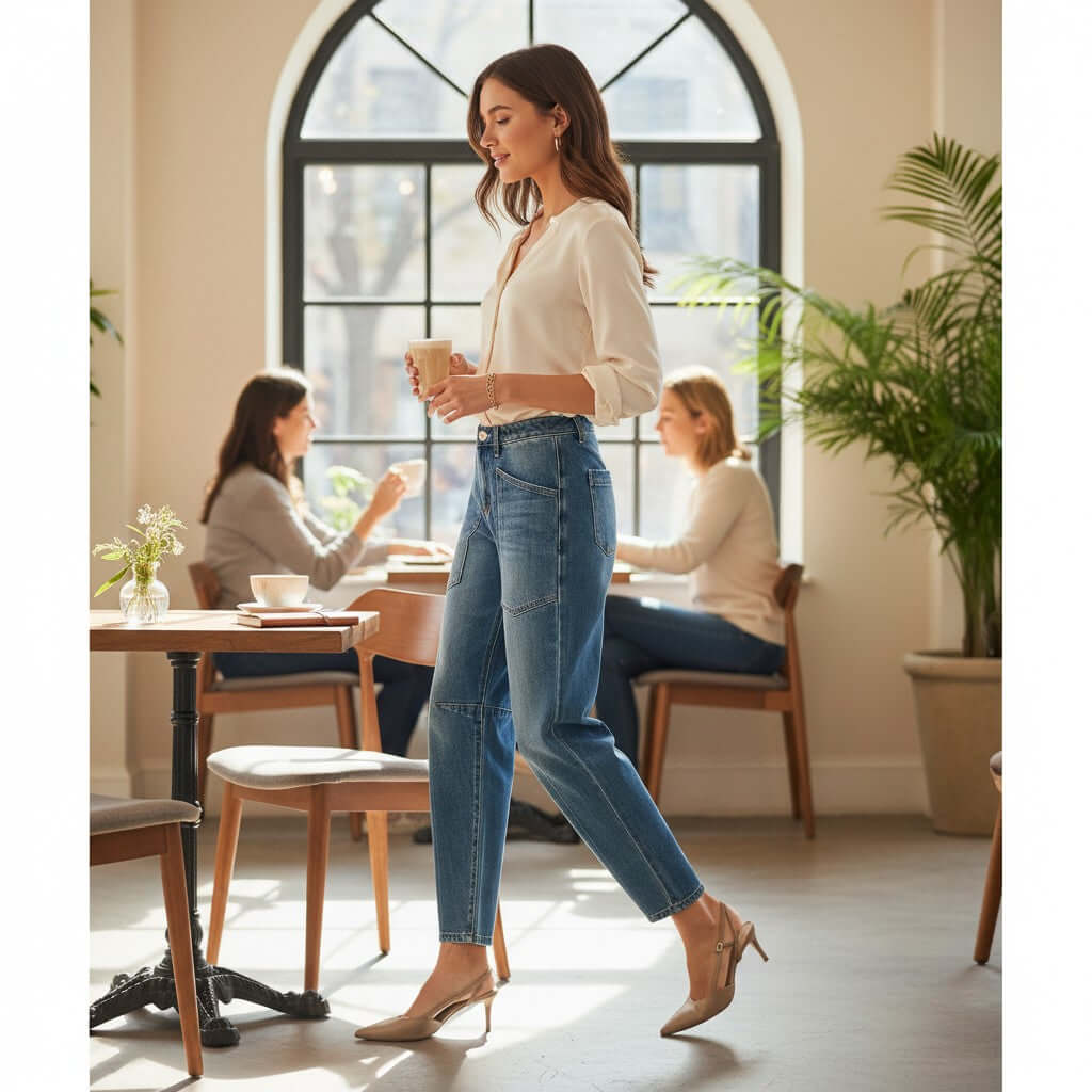 Model wearing ELLA-KATE BARREL JEANS by Risen, enjoying coffee in a bright cafe with friends.