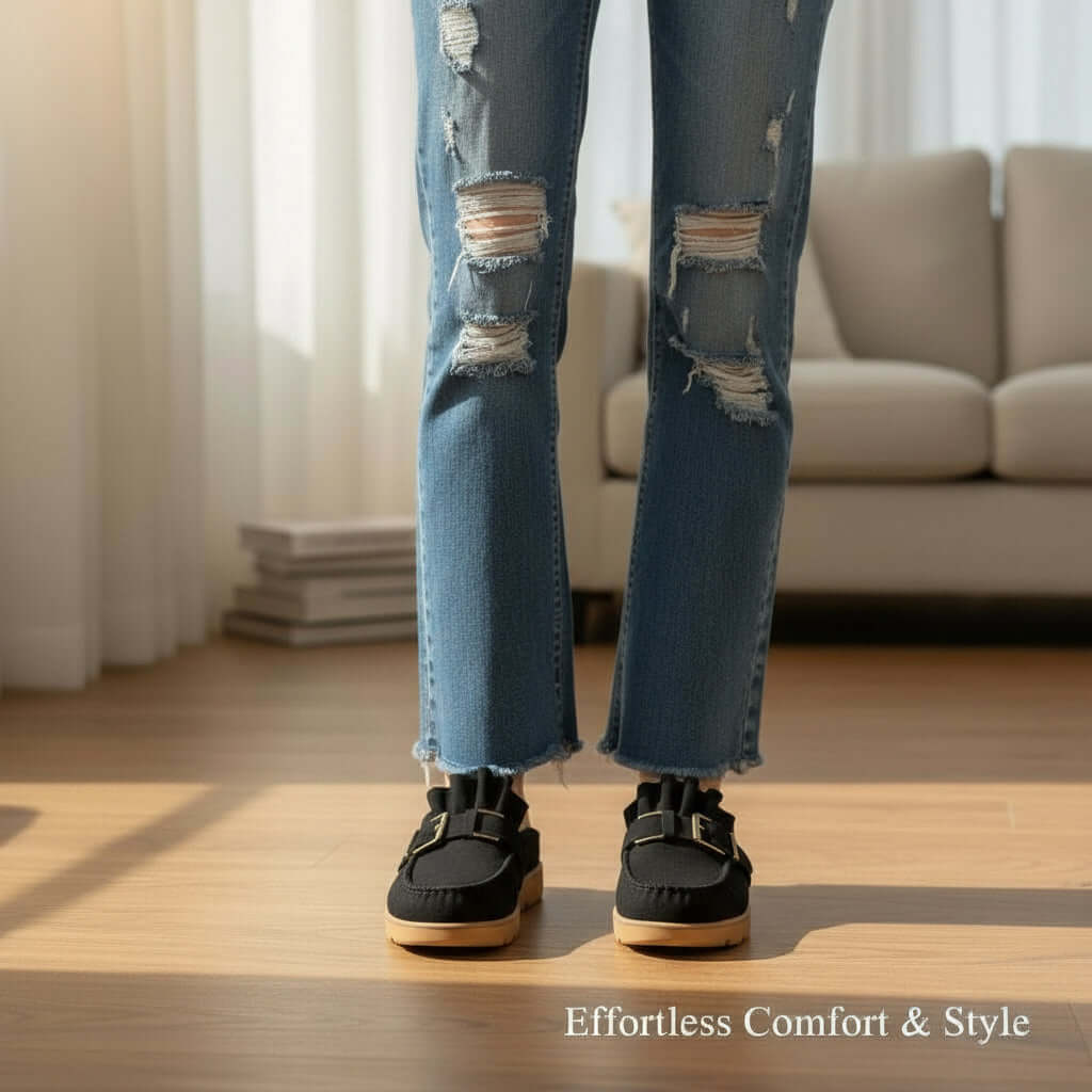 Person wearing LAIDBACK LUXE SLIDES (black) with ripped jeans, showcasing effortless comfort and style.