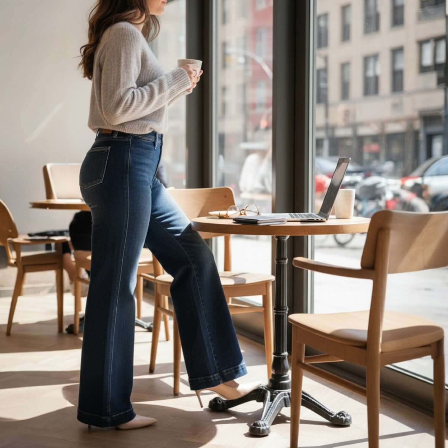 JUDY BLUE RAINA JEANS displayed in a café setting, featuring high rise, dark wash, and retro wide leg style.