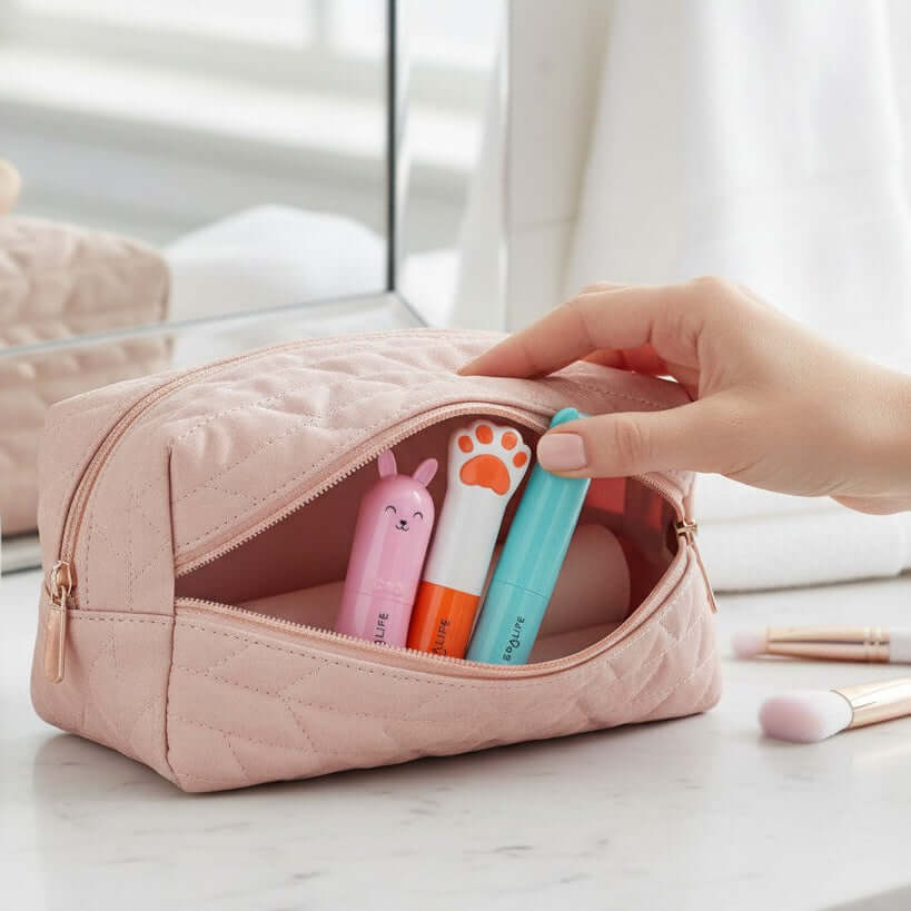 HAPPY LIPS COLLECTION 3 pack by SPALIFE in a pink quilted cosmetic bag with lip balms.