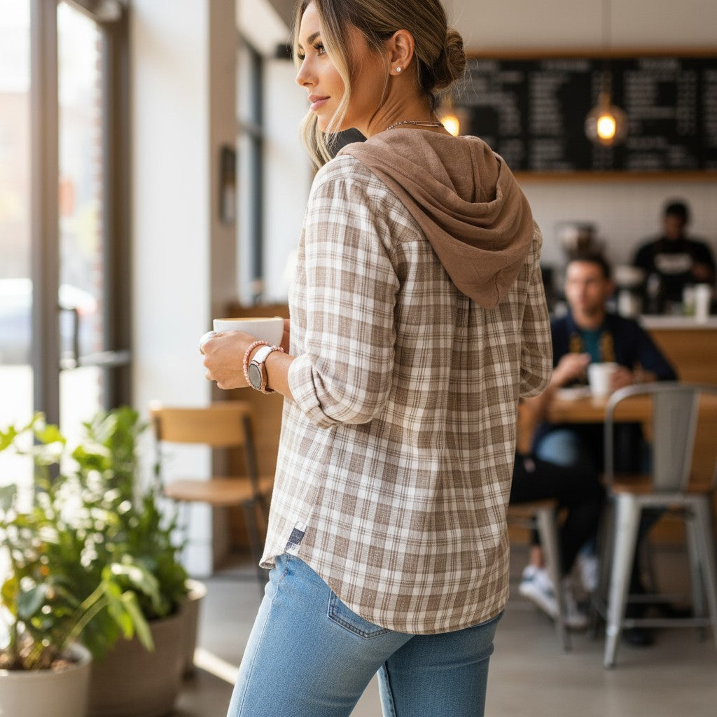 A woman wearing the DRIFTWOOD DAYS BUTTON DOWN khaki checkered print hooded shacket while holding a coffee in a cafe.