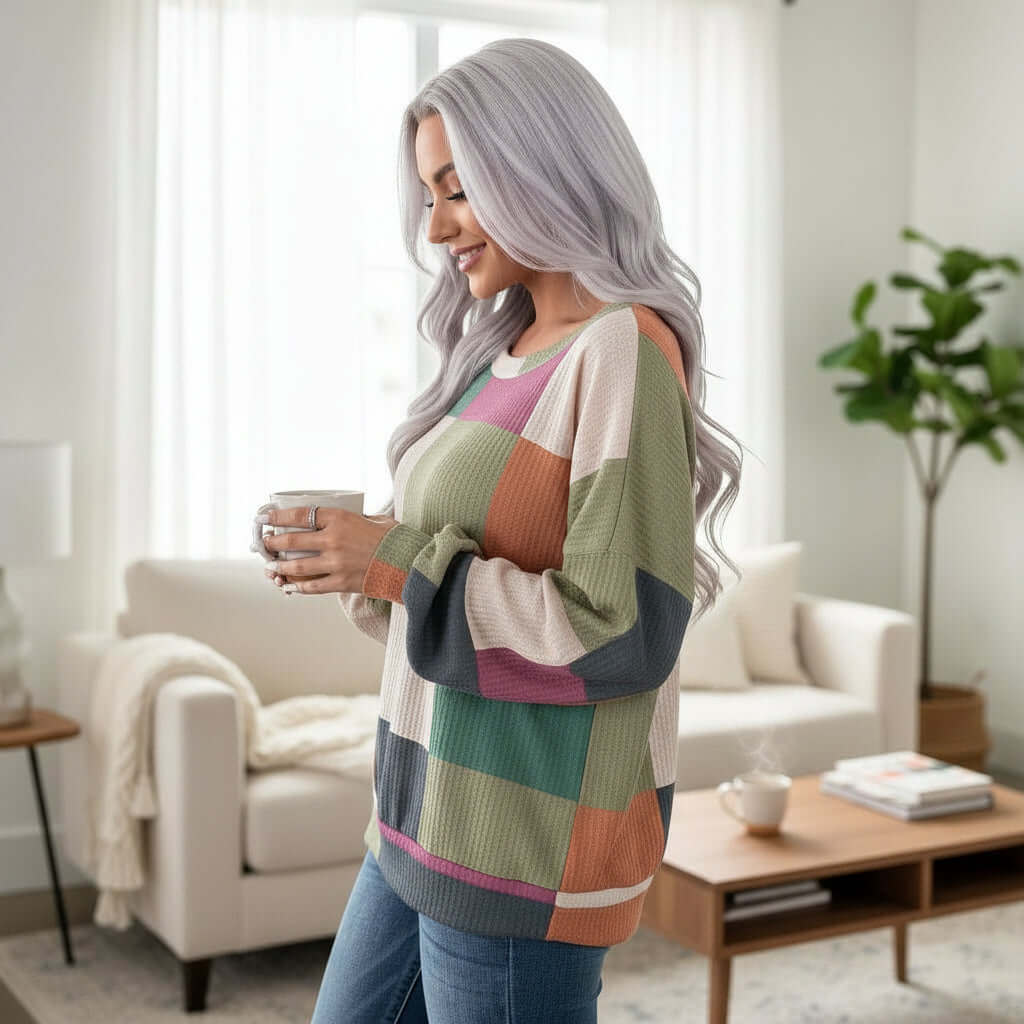 CHECK MIXED TOP - Woman wearing a checkered print textured knit long sleeve top in autumn colors, styled for cozy vibes.
