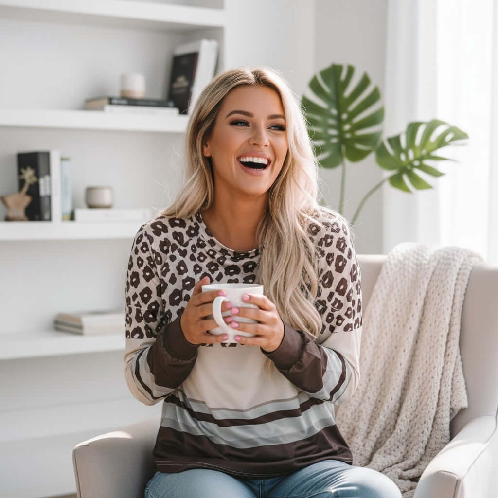Model wearing URBAN SAFARI TOP with leopard print and color block details, smiling while holding a coffee mug.