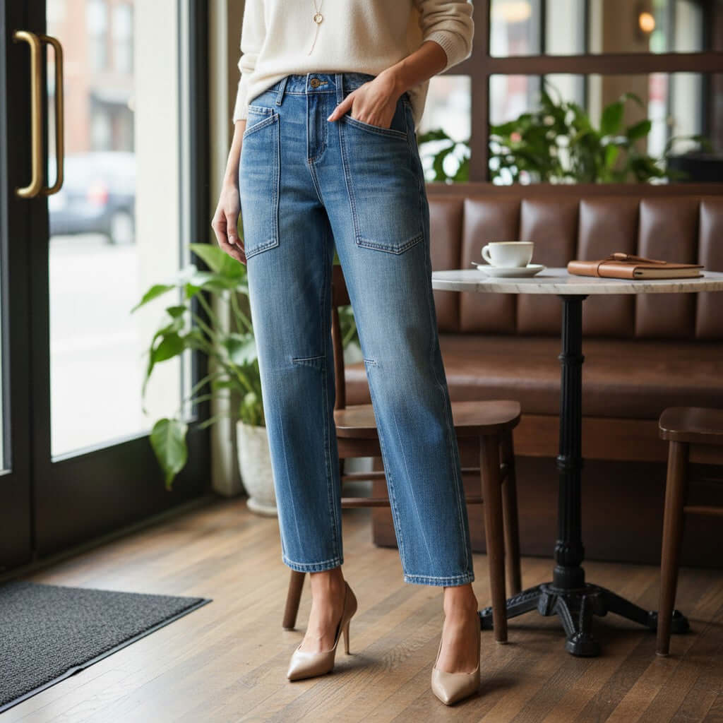 Model wearing ELLA-KATE BARREL JEANS by Risen, showcasing mid-rise wide barrel legs and stylish patch pockets in a chic setting.