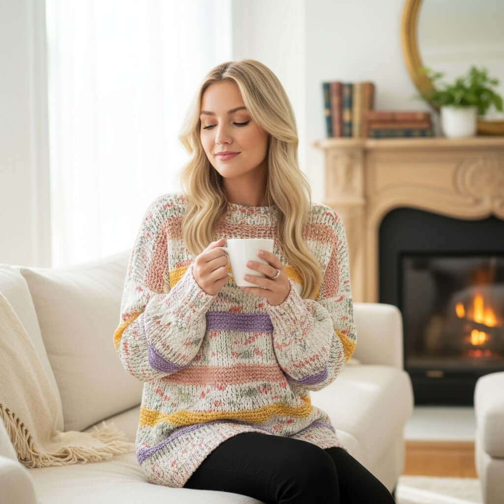 Model wearing EASY LIKE SUNDAY SWEATER while enjoying a cup of coffee in a cozy living room.