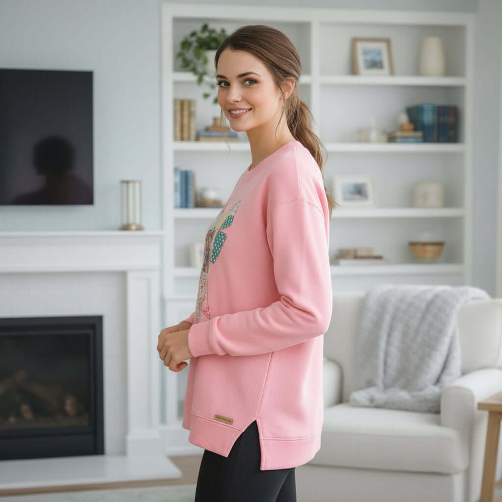 KATRINA BOW TOP by Simply Southern in soft pink worn by a model, showcasing stylish design and comfort.