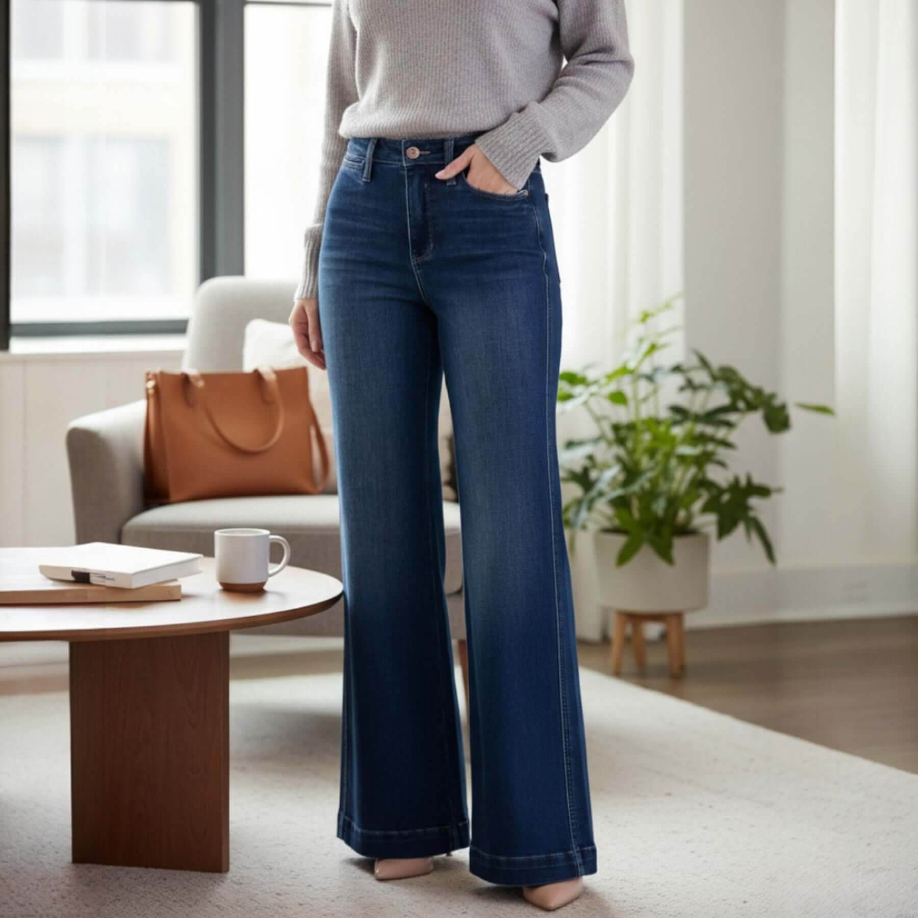 JUDY BLUE RAINA JEANS High Rise Dark Wash Retro Wide Leg Style worn by model in a stylish living room setting.
