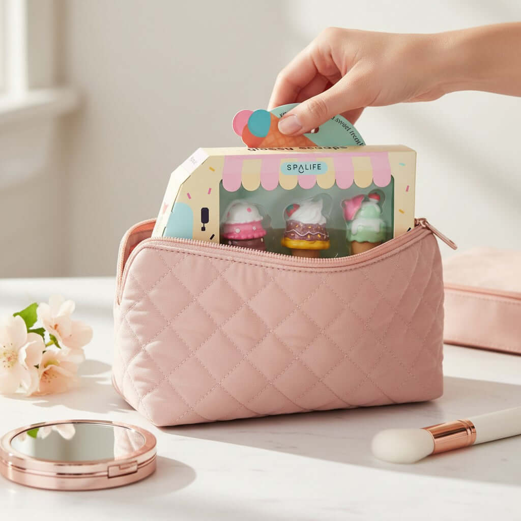 Woman's hand reaching for SWEET SHOP LIP GLOSS 3 PC SET from a quilted pink makeup bag with floral accents.