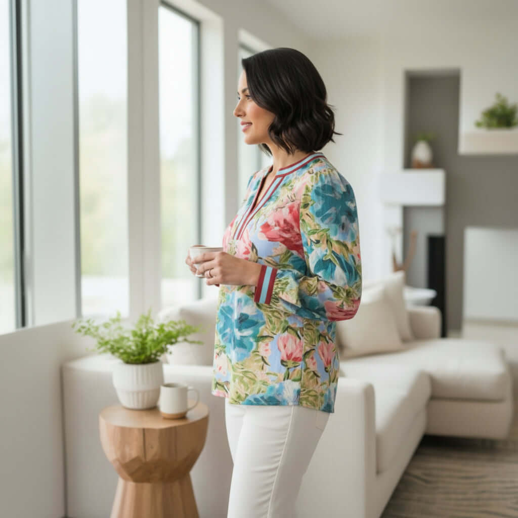 Woman wearing TEMPLATE TOP (long sleeve) in a floral pattern, standing by a window with a cozy living room backdrop.