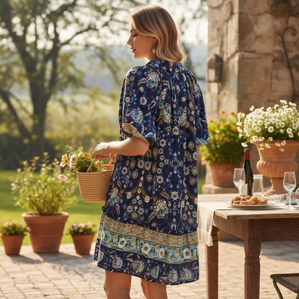 Model wearing FINALLY MINE - UMGEE dress in floral print outdoors, holding a basket, enjoying a sunny day.