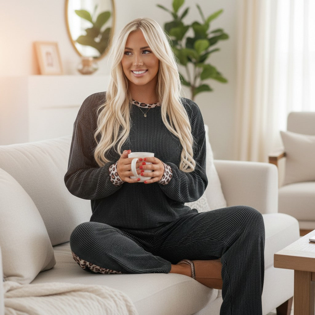 FELINE FAB PANTS SET model relaxing on a couch, wearing a stylish carbon grey two-piece outfit with leopard details.