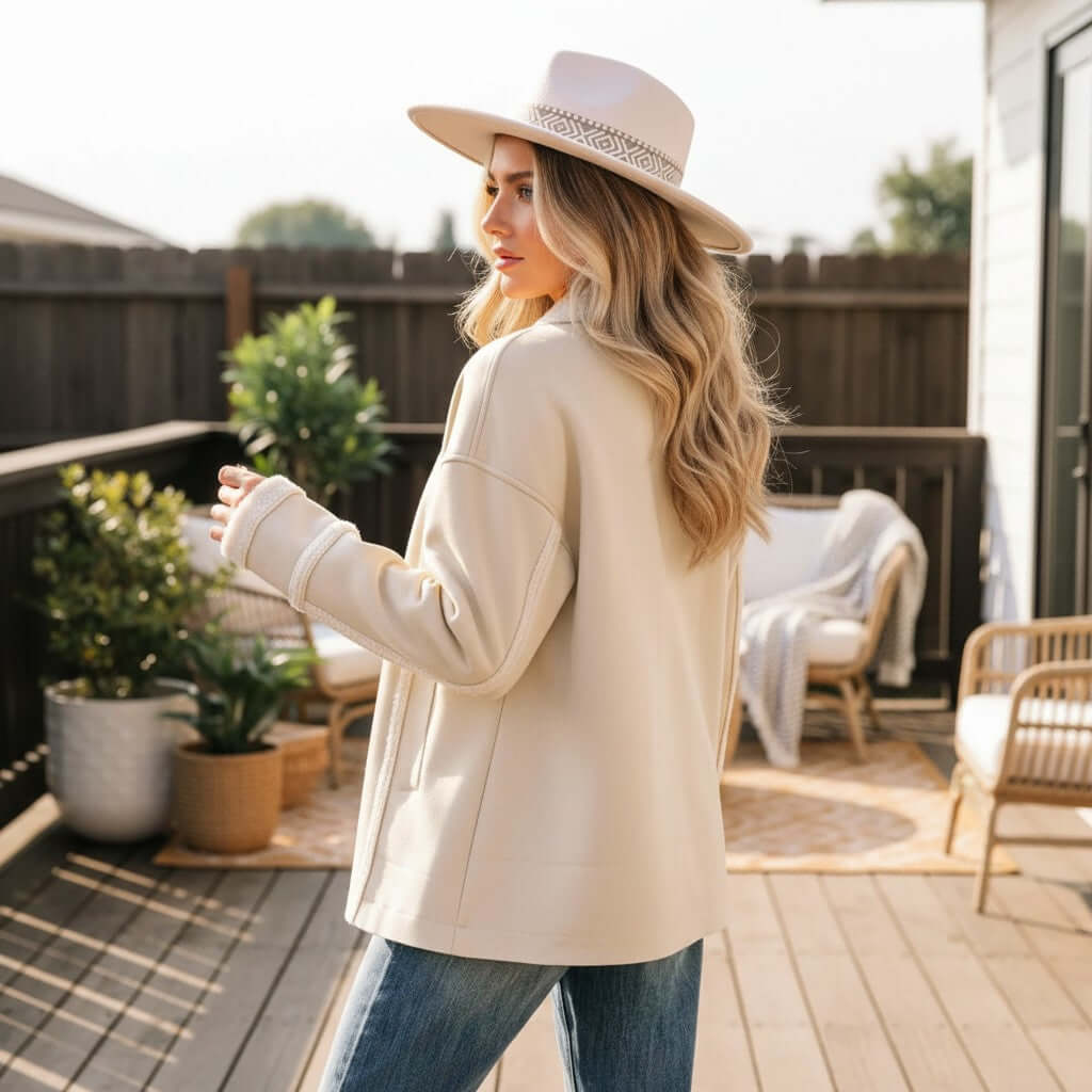 Stylish model wearing CAFE CREAM SUEDE JACKET with a wide-brim hat in a cozy outdoor setting.