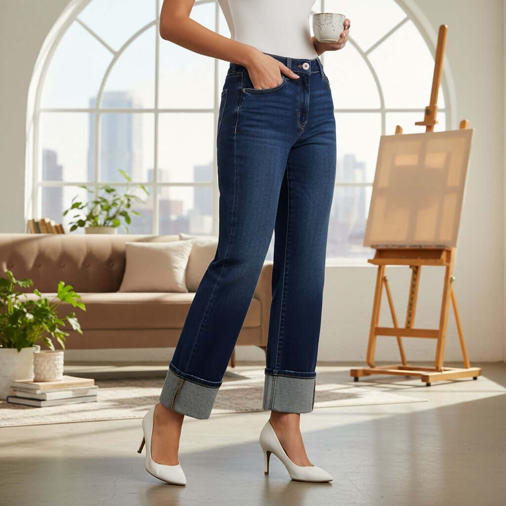 CHARLEIGH JEANS by Risen in dark wash, cuffed wide leg style, paired with heels in a bright, airy room.