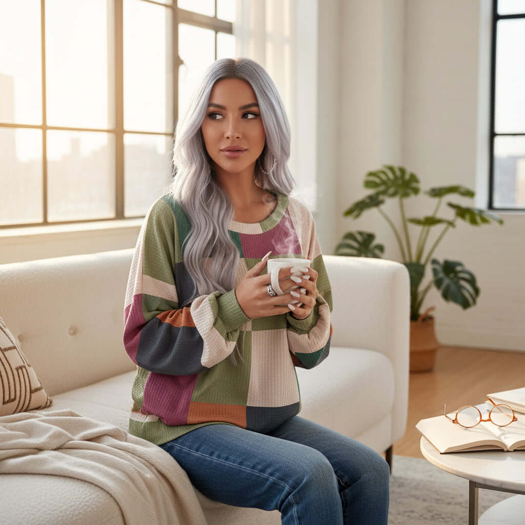 Woman wearing a cozy CHECK MIXED TOP with checkered print, holding a cup in a sunny indoor setting.