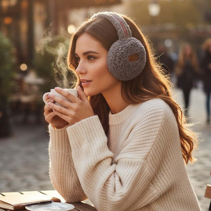 C.C. Sherpa Earmuffs (3 colors) worn by a woman enjoying a warm drink in a cozy outdoor setting.