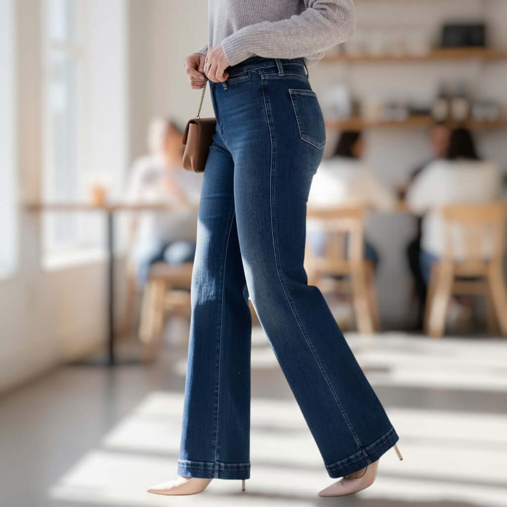 Model showcasing JUDY BLUE RAINA JEANS in dark wash, high rise retro wide leg style for a flattering silhouette.