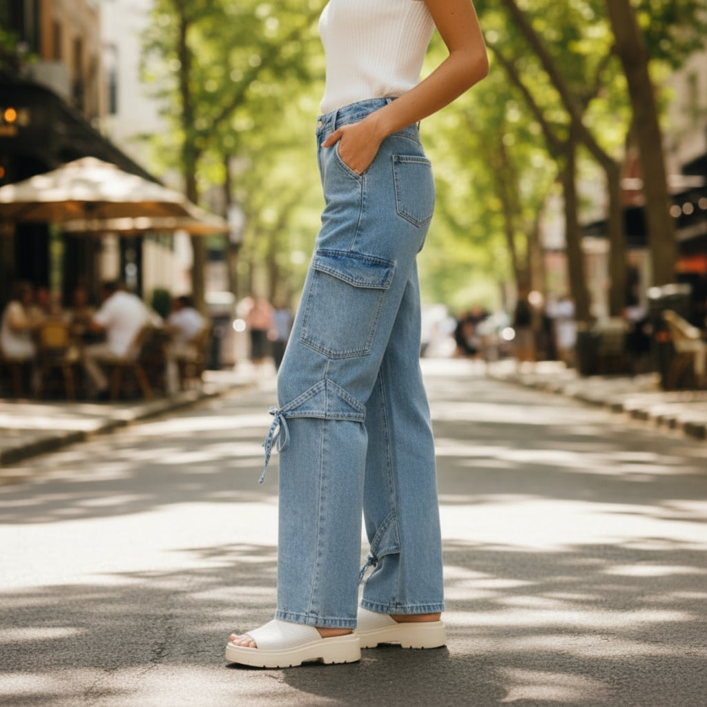 RIBBON ROUTE JEANS - BiBi styled in a trendy outdoor setting, showcasing unique bow tie accents and relaxed fit.