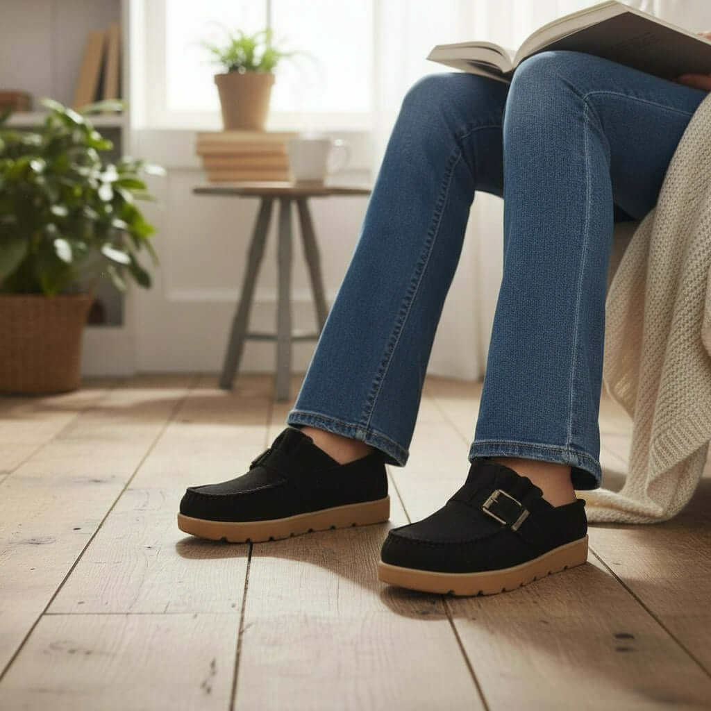 A person wearing LAIDBACK LUXE SLIDES (black) sits comfortably while reading, showcasing chic slip-on style.