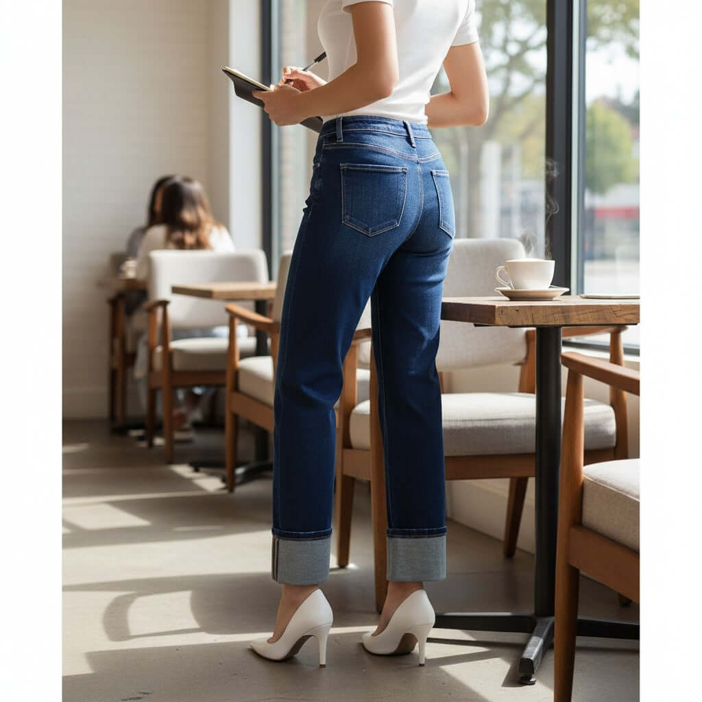 CHARLEIGH JEANS by Risen showcased in a cafe with a model wearing cuffed wide-leg dark wash jeans.